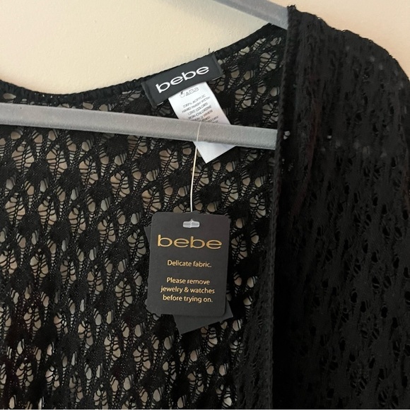 Bebe New Black Fringe One Size Crochet Open Front Cardigan Wrap Sweater BGSB - Picture 8 of 8